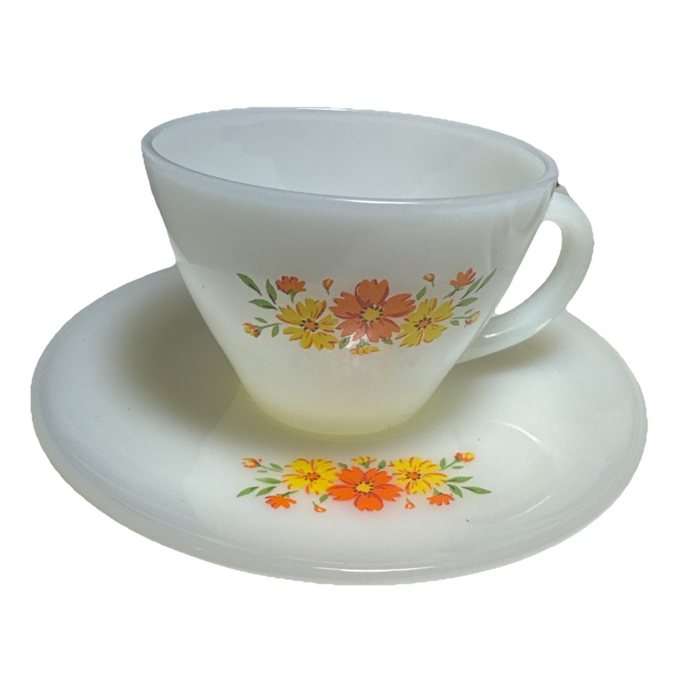 Fire King Milk Glass Tea Cup And Saucer With Red/Yellow Flowers Vintage
